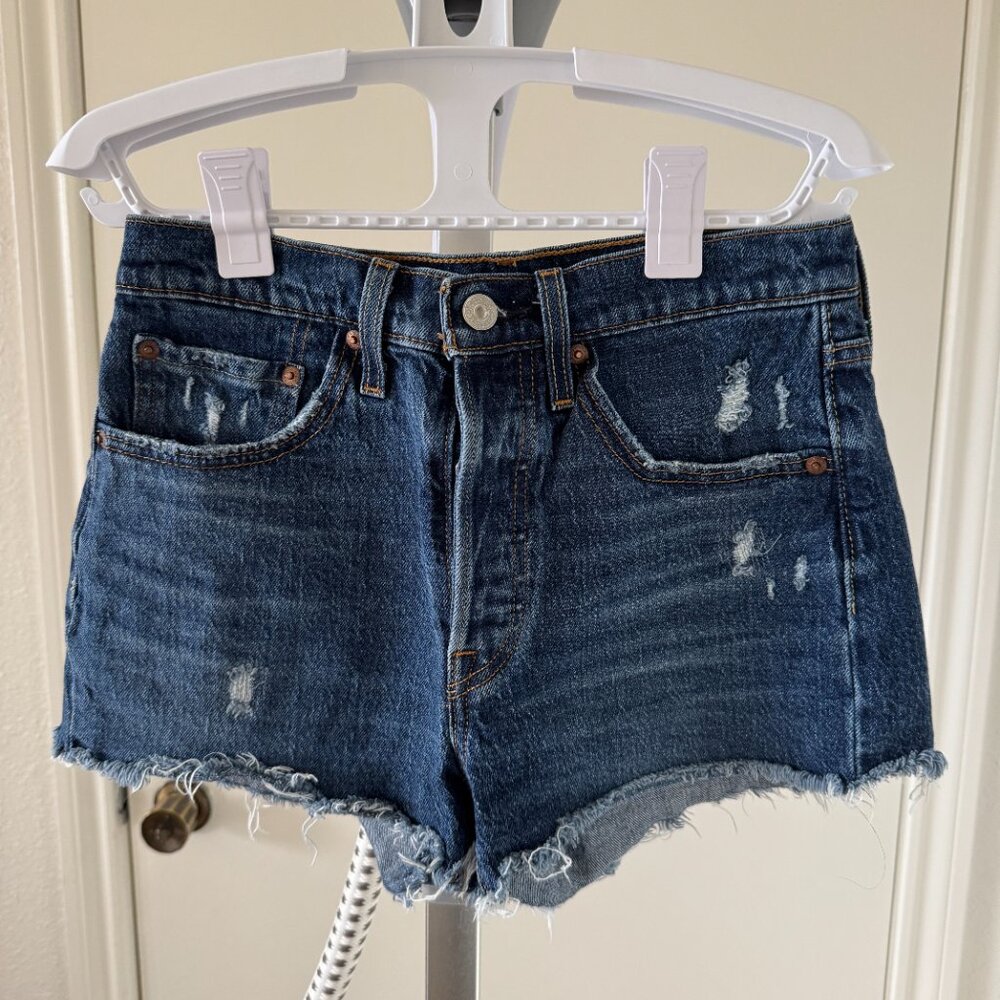 Levi's 501 Original Fit High Rise Dark Blue Distressed Jean Shorts NWOT W26